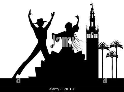 Silhouette de danseurs de flamenco espagnol, quelques palmiers et monuments de Séville. (La Giralda) Illustration de Vecteur