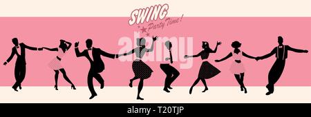 Party Time Swing : Silhouettes de quatre jeunes couple portant des vêtements rétro swing danse lindy hop ou Illustration de Vecteur