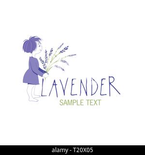 Petite fille avec un bouquet de lavande. La conception de logo. Texte à la main. Illustration de Vecteur