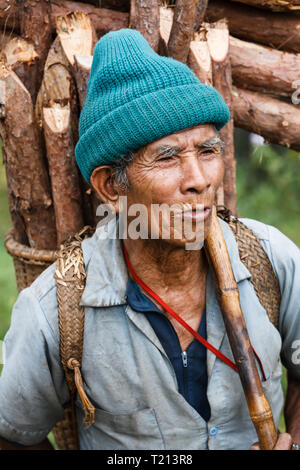 Libre de 87 ans Homme de village avec turquoise Knit hat porte un tas de broussailles sur son dos Banque D'Images