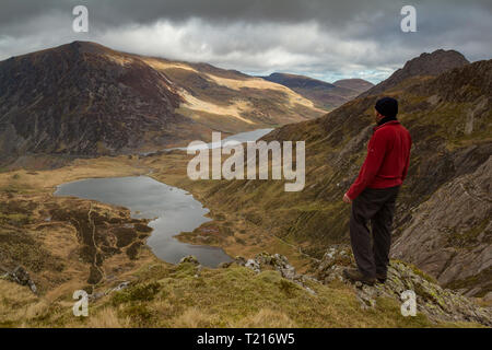 Un mâle hill walker à admirer la vue de Llyn Idwal et l'Ogwen Valley de Devil's Kitchen, Parc National de Snowdonia, Pays de Galles Banque D'Images