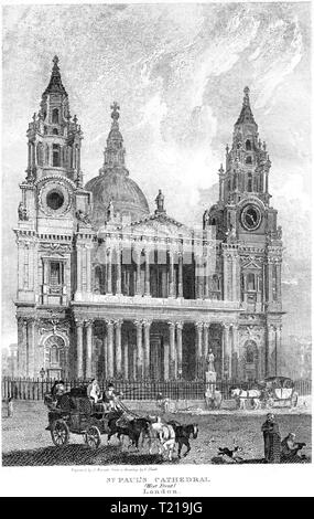 Une gravure de la Cathédrale St Paul (avant) de l'Ouest, Londres UK numérisées à haute résolution à partir d'un livre publié en 1814. Croyait libres de droit. Banque D'Images