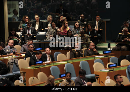 New York, NY, USA. Mar 29, 2019. Actrice/philanthrope/Envoyé spécial du HCR Angelina Jolie keynotes la mission de maintien de la Ministerial-Uniformed Capablities & Performance pour Action pour la protection des opérations de maintien de la paix dans la salle de l'Assemblée générale le 29 mars 2019 dans la ville de New York. Credit : Mpi43/media/Alamy Punch Live News Banque D'Images