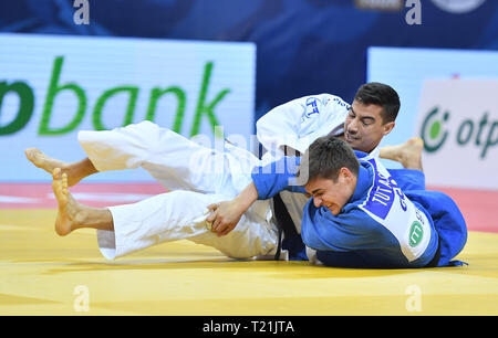 Tbilissi, Géorgie. Mar 29, 2019. Giorgi Tutashvili (R) de la Géorgie le dispute à Tal Flicker d'Israël au cours de la Men's 66kg compétition finale du Grand Prix de Judo de Tbilissi 2019 à Tbilissi, en Géorgie, le 29 mars 2019. Tal Flicker a remporté la médaille d'or. Credit : Kulumbegashvili Tamuna/Xinhua/Alamy Live News Banque D'Images