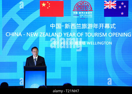 Wellington, Nouvelle-Zélande. 30Th Mar, 2019. Le Ministre chinois de la Culture et du tourisme Luo Shugang aborde la cérémonie d'ouverture de la Nouvelle-Zélande 2019 China-New Année de tourisme à Wellington, Nouvelle-Zélande, le 30 mars 2019. Le China-New 2019 Année du tourisme de la Nouvelle-Zélande a été lancé ici samedi dans le but de renforcer les liens économiques et culturels entre les deux pays. Credit : Guo Lei/Xinhua/Alamy Live News Banque D'Images