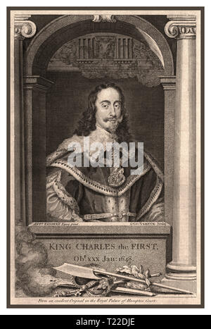 King Charles IST Vintage B&W gravure fine du roi Charles I 1648 d'un original de vandyke tenu dans le palais royal de Hampton court UK « KING CHARLES LE PREMIER » Jan 1648 Banque D'Images