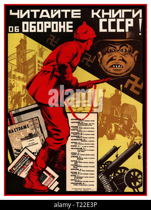 Affiche de propagande soviétique russe Vintage 1930 "Lire des livres à propos de la défense de l'URSS !" "On Guard en URSS" préparer contre le fléau de la croix gammée - Moscou. Maison d'édition d'état de Leningrad, 1930 - lithographie en couleur Banque D'Images