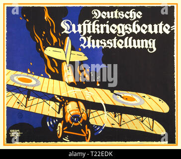 Vintage WW1 affiche de propagande allemande dotée d''un biplan britannique en feu plongeant vers le sol. Le "Deutsche Luftkriegsbeute ALLEMAND GUERRE AÉRIENNE Ausstellung'' l'AFFICHAGE DE DÉMONSTRATION Banque D'Images