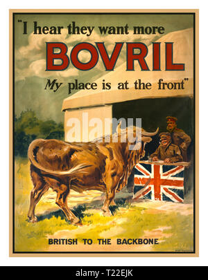 WW1 British Affiches de propagande de Recrutement 1915 'J'entends qu'ils veulent plus. Bovril Ma place est à l'avant' Vintage Affiche de propagande montrant une approche d'un taureau de recrutement décoré avec le drapeau britannique. Est un nom de marque Bovril pour extrait de boeuf. Banque D'Images