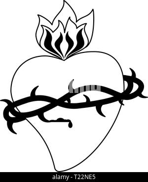 Coeur sacré avec symbole de flamme en noir et blanc Illustration de Vecteur