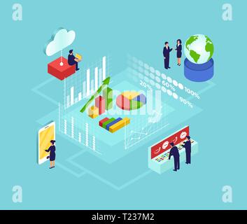 La visualisation d'analyse de données et la technologie moderne concept. Vecteur de gens d'affaires à l'aide de gadgets modernes et de l'analyse de données statistiques. Illustration de Vecteur