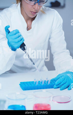 Chercheur en sciences femelle en laboratoire, à l'aide de micropipettes. Banque D'Images