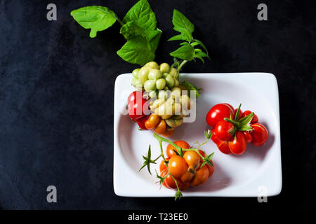 Tomates cerise 'voyage' dans un bol sur la masse sombre Banque D'Images