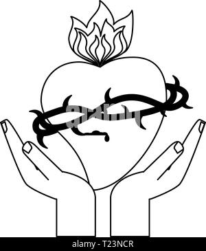 mains avec coeur sacré avec flamme en noir et blanc Illustration de Vecteur