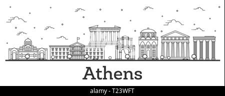 Athènes Grèce aperçu sur les toits de la ville aux bâtiments historiques isolé sur blanc. Vector Illustration. Paysage urbain d'Athènes avec repères. Illustration de Vecteur