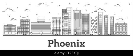 Contours Phoenix Arizona City Skyline avec les bâtiments modernes isolé sur blanc. Vector Illustration. USA Phoenix Cityscape avec repères. Illustration de Vecteur