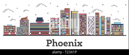 Contours Phoenix Arizona City Skyline avec bâtiments couleur isolé sur blanc. Vector Illustration. USA Phoenix Cityscape avec repères. Illustration de Vecteur