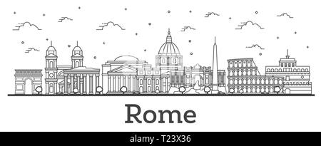 Contours Rome Italie Ville avec ses bâtiments historiques isolé sur blanc. Vector Illustration. La ville de Rome avec des points de repère. Illustration de Vecteur