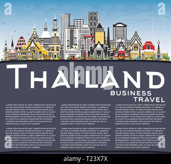 La Thaïlande avec les toits de la ville, bâtiments de couleur bleu ciel et l'espace de copie. Vector Illustration. Concept du tourisme avec l'architecture historique. Illustration de Vecteur