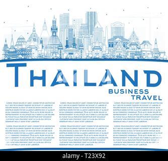 Contours de la Thaïlande sur les toits de la ville avec des bâtiments et Copie Espace Bleu. Vector Illustration. Concept du tourisme avec l'architecture historique. Illustration de Vecteur