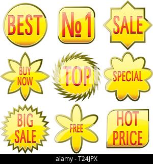 Ensemble de boutons vente verre jaune brillant avec le texte en rouge, vector illustration Illustration de Vecteur