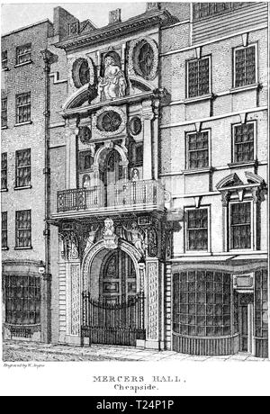 Une gravure de Mercer Hall, Cheapside, Londres UK numérisées à haute résolution à partir d'un livre publié en 1814. Croyait libres de droit. Banque D'Images