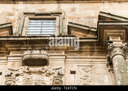 Les corneilles sur la façade de l'église de San Francisco Javier dans la Plaza de San Jorge dans la vieille ville de Caceres. Banque D'Images