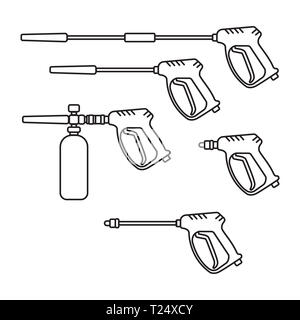 Ensemble d'illustration vectorielle de la machine de lavage sous pression avec de l'équipement électrique pistolet modèle plat style silhouette Banque D'Images