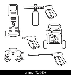 Ensemble d'illustration vectorielle de la machine de lavage sous pression avec de l'équipement électrique pistolet modèle plat style silhouette Banque D'Images