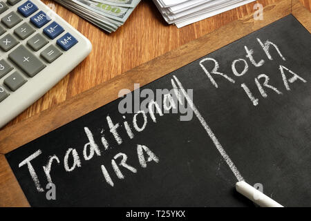 Roth IRA vs IRA traditionnels écrits sur tableau noir. Banque D'Images