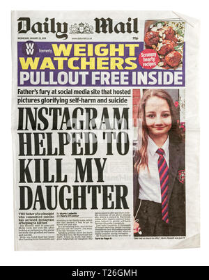 La première page du Daily Mail du 23 janvier 2019 avec le titre 'Instagram a aidé à tuer ma fille' Banque D'Images