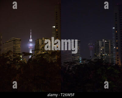 Kuala Lumpur, Malaisie. 30Th Mar, 2019. La photo montre la combo allumés (L) et off de Tour de Kuala Lumpur avant et pendant l'événement une heure pour la terre à Kuala Lumpur, Malaisie, le 30 mars 2019. Credit : Zhu Wei/Xinhua/Alamy Live News Banque D'Images