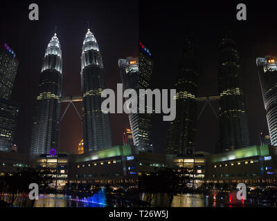 Kuala Lumpur, Malaisie. 30Th Mar, 2019. La photo montre la combo allumés (L) et off de Petronas Twin Towers avant et pendant l'événement une heure pour la terre à Kuala Lumpur, Malaisie, le 30 mars 2019. Credit : Zhu Wei/Xinhua/Alamy Live News Banque D'Images