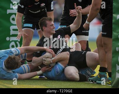 Allianz Park, Londres, UK. 30 mars 2019. Nick Tompkins (sarrasins) célèbre après avoir marqué. Saracens v Glasgow Warriors. Quart de finale. Heineken Cup Champions. Allianz Park. Londres. UK. 30/03/2019. Credit : Sport en images/Alamy Live News Banque D'Images