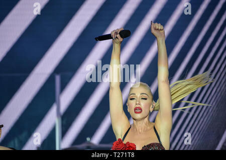 Dubaï, Émirats arabes unis, 30 mars 2019. La chanteuse Gwen Stefani effectue sur scène après la Coupe du Monde de Dubaï 2019 Credit : Feroz Khan/Alamy Live News Banque D'Images