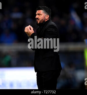 Genova, Italie. 30Th Mar, 2019. L'entraîneur de l'AC Milan Gennaro Gattuso gestes au cours de la Serie A match de foot entre AC Milan et la Sampdoria de Gênes, Italie, le 30 mars 2019. La Sampdoria a gagné 1-0. Credit : Daniele Mascolo/Xinhua/Alamy Live News Banque D'Images