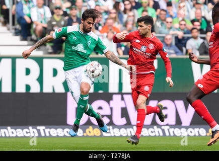 Brême, Allemagne. 30Th Mar, 2019. Bremen's Martin Harnik (L) fait concurrence au cours d'un match de Bundesliga allemande entre SV Werder Bremen et FSV Mainz 05, à Brême, Allemagne, le 30 mars 2019. Brême a gagné 3-1. Crédit : Kevin Voigt/Xinhua/Alamy Live News Banque D'Images