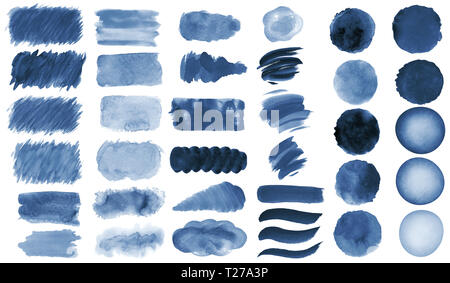 Collection de bleu fait main peint à l'aquarelle pinceaux, frottis, blobs, taches, rayures, cercles, autocollants, spot, blots, glissantes, boutons Web, bac patch Banque D'Images