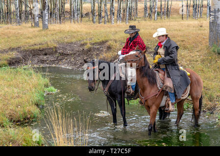 American cowboys équitation dans le haut pays du Wyoming, USA Banque D'Images