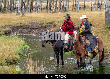 American cowboys équitation dans le haut pays du Wyoming, USA Banque D'Images