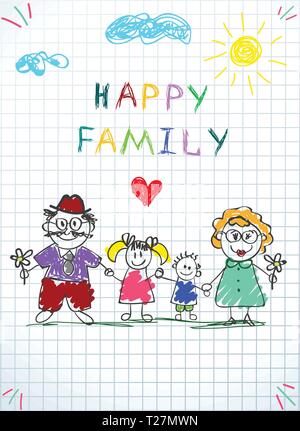 Happy Family Kids photo de petit garçon et fille tenant la main de personnes adultes Homme et femme sous les nuages et soleil sur fond à carreaux. Doodl Illustration de Vecteur