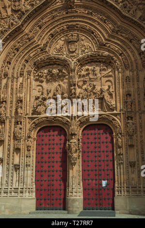 Façade avant sur la nouvelle cathédrale, de style plateresque orné finement à Salamanque. Avec des bâtiments médiévaux est également une ville universitaire d'Espagne. Banque D'Images