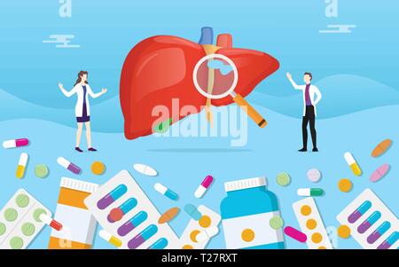 Le foie humain santé médecine médicament pilules traitement capsule avec analyse médecin - vector Illustration de Vecteur