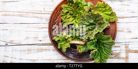 Bouquet de rhubarbe fraîche biologique choisi.La rhubarbe sur table en bois Banque D'Images