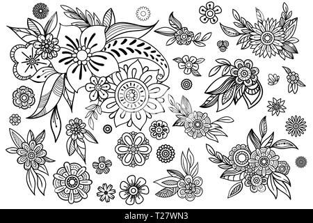 Collection de fleurs à la main. Floral design éléments exposés. Vector illustration noir et blanc en gribouillages style. Isolé sur fond blanc. Illustration de Vecteur