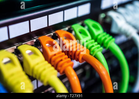 Télécommunications colorées des câbles Ethernet de couleur connectés au commutateur dans un centre de données Internet Banque D'Images