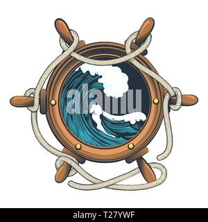 Volant nautique avec des cordes et des vagues de l'océan à l'intérieur dessiné dans le style de tatouage. Vector illustration Illustration de Vecteur