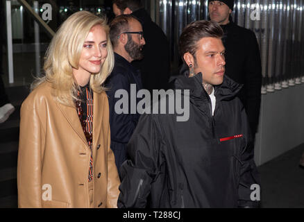 13 janvier 2019 Milan, Italie : Chiara Ferragni et Fedez avant Prada fashion show MFW 2019 homme automne/hiver Banque D'Images