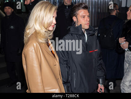 13 janvier 2019 Milan, Italie : Chiara Ferragni et Fedez avant Prada fashion show MFW 2019 homme automne/hiver Banque D'Images