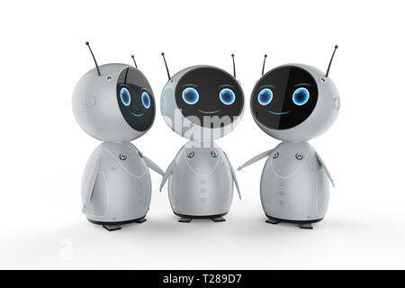 Groupe de rendu 3D d'adorables robots sur fond blanc Banque D'Images